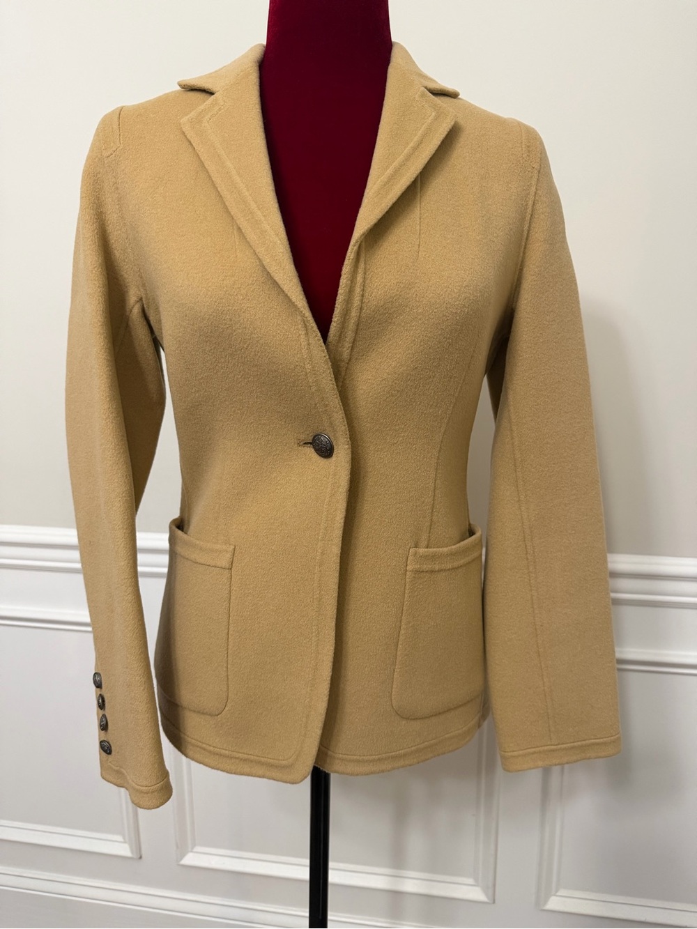 SOLEZIA Cashmere Angora Wool Blend Blazer Jacket Tan Beige Crest Buttons